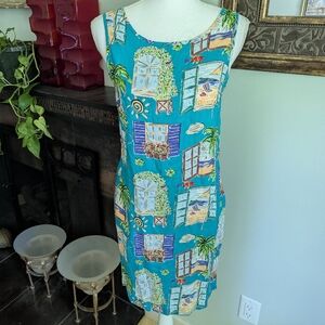 90s Y2K Weekend Traffic Sm Turquoise Tropical Window Print Sleeveless Dress 176